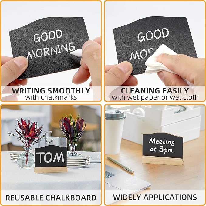 ALOTCHE Mini Chalkboard Signs with Stand, 16 Pack Reusable Wooden Tabletop Chalkboard 4 X 3 Inch, Buffet Food Signs for Party Black Mini Tabletop Sign for Restaurant, Wedding and Bar Countertop