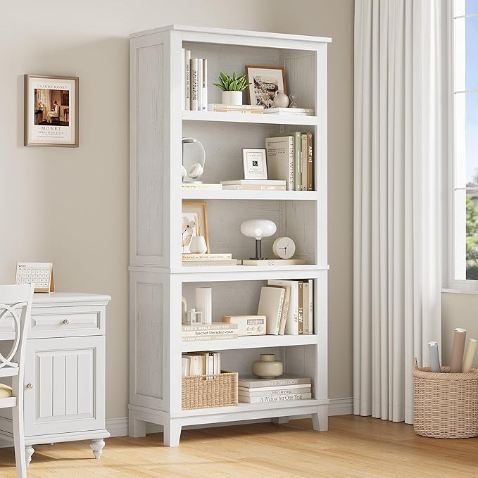 IDEALHOUSE 71" Farmhouse Bookshelf w/Adjustable Shelves & 31.5 in Whidth, 5 Tier Tall Bookshelf with Wooden Legs, Vintage Wooedn Book Shelf for Living Room Office (White, 71.3" H x 31.5" W x 11.8" D)