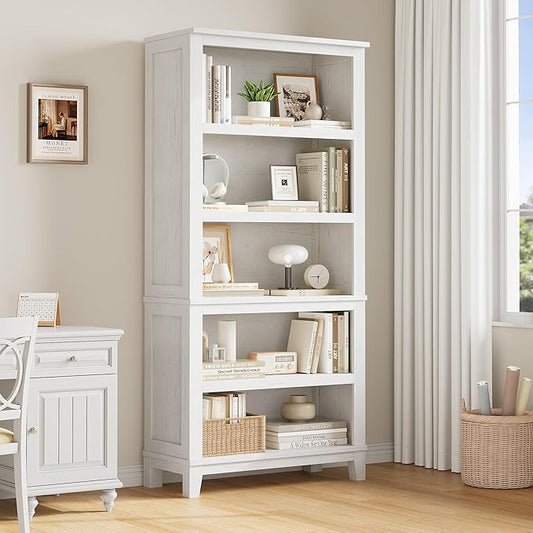 IDEALHOUSE 71" Farmhouse Bookshelf w/Adjustable Shelves & 31.5 in Whidth, 5 Tier Tall Bookshelf with Wooden Legs, Vintage Wooedn Book Shelf for Living Room Office (White, 71.3" H x 31.5" W x 11.8" D)