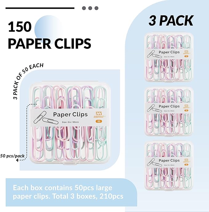 NEEWAY Colorful Large Paper Clips, 2 Inch Jumbo Paper Clips, 150 Count, 3 Pack of 50 (Light Multicolor)