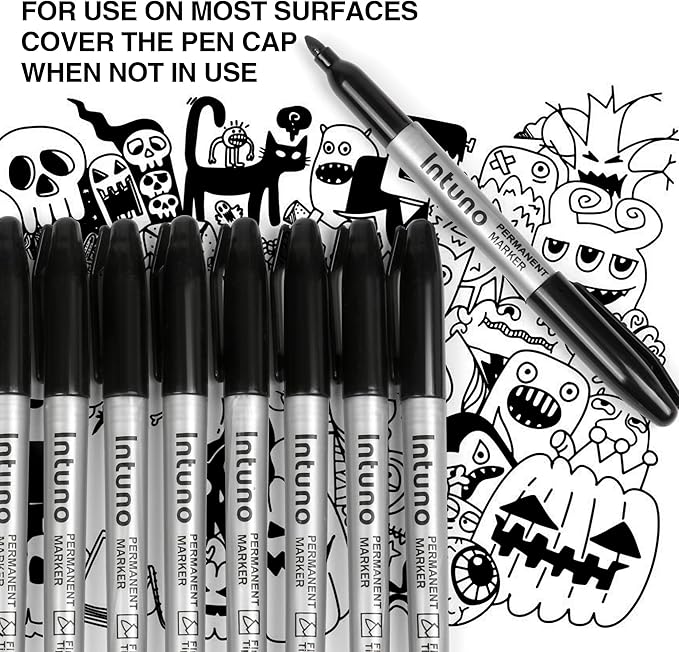 INTUNO Permanent Markers, 120 Count Black, Fine tip, Oil-Based Permanent Markers, Waterproof and Fade-Resistant, for Paper, Wood, Metal, Glass and More