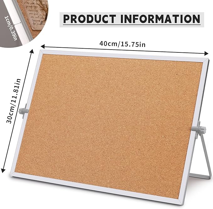 kdafio 11.81"×15.74" Cork Board Bulletin Board, Double Sided Pin Board with Silver Aluminum Border, Desktop Small Cork Board with Stand Suitable for Home, Office, Desk Message Board or Picture Board