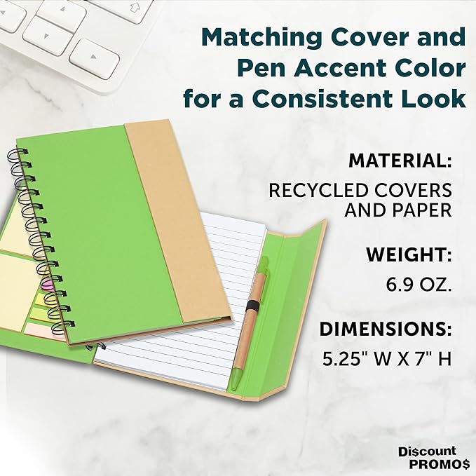 DISCOUNT PROMOS Eco Friendly Spiral Notebooks with Pens Set of 10, Bulk Pack - Perfect for School, Office, Home - Green