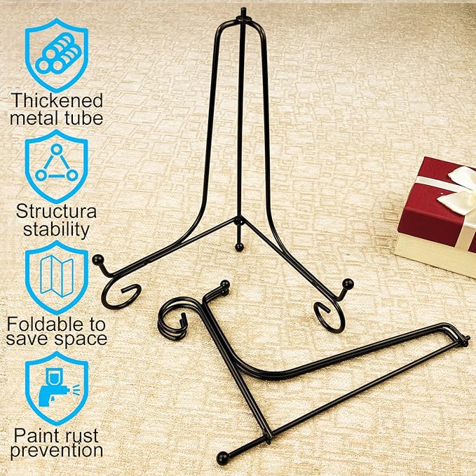 HENABLE 2PCS Premium Black Iron Plate Stands for Display 8 Inch, Decorative Solid Metal Plate Holders for Displaying, Mini Easel, Frame, Book, Card, Plaque, Bowl, Picture Stands for Display
