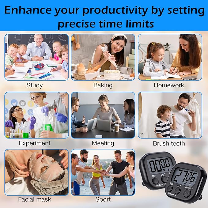 Leumoi 24 Pcs Digital Kitchen Timers Magnetic Back Timers Bulk Large Screen Loud Alarm On/Off Switch Minute Second Count up Countdown Memory Setting for Cooking Classroom Exercise (Black)
