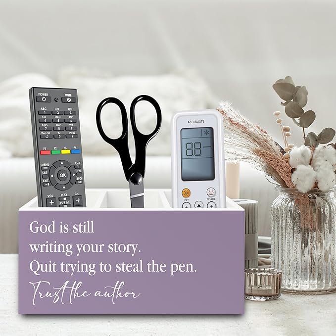 XPH Purple Christian Pen Pencil Holder Organizer for Desk, Christian Gifts for Women, God Is Still Writing Your Story Bible Verse Wooden Box Sign for Home Office Desk Tabletop Decorations