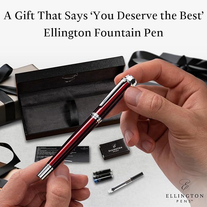 Ellington Pens Luxury Fountain Pen Set - Smooth Fine Nib- Includes 3 Ink Cartridges, Refillable Ink Converter, Gift Box- Fountain Pens For Writing, Calligraphy, Journaling, Sketching (Scarlet Slate)