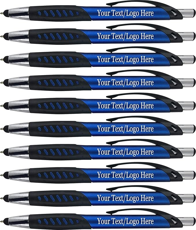 SyPen Personalized Pens With Custom Logo or Text-350 Pack Bulk-for Businesses, Parties, and Events, 2 in 1 Ballpoint Pen & Capacitive Stylus for Touchscreen Devices, Click Action, Black Ink, Blue