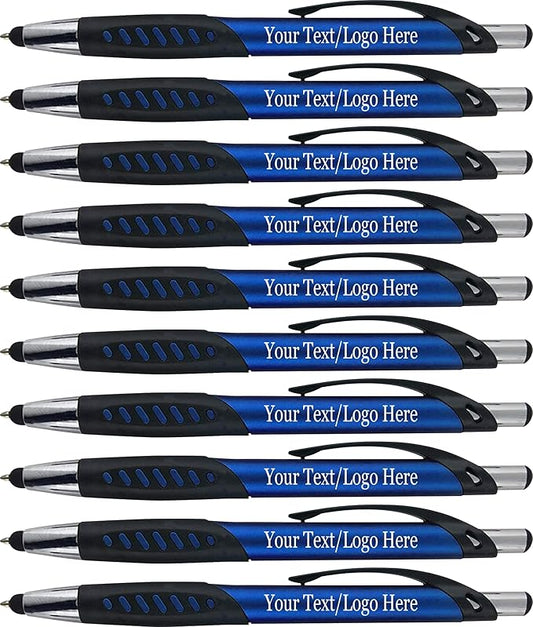 SyPen Personalized Pens With Custom Logo or Text-350 Pack Bulk-for Businesses, Parties, and Events, 2 in 1 Ballpoint Pen & Capacitive Stylus for Touchscreen Devices, Click Action, Black Ink, Blue