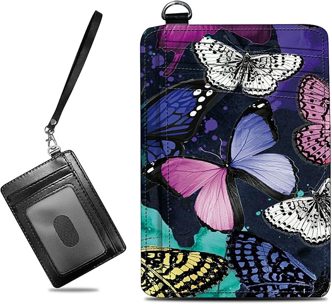 BWEGRHE Small Travel Wallets, Color Butterfly Slim Minimalist Front Pocket Wallet with Wristlet, RFID Blocking PU Leather Credit Card Holder with ID Window Change Purse for Men Women