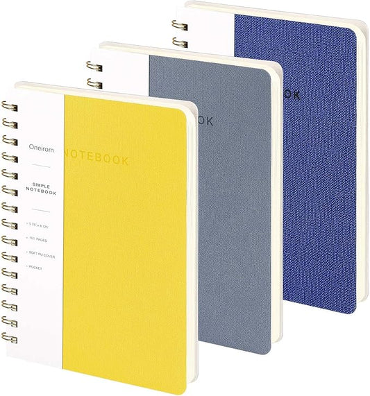 Spiral Notebook-5.75" x 8.125" College Ruled Journal with Inner Pockets and 160 Pages,PU Leather Cover Business Journal, Twin-Wire Binding Notebook Perfect for Office & Home School Supplies 3 pack Yellow ReefBlue NavyBlue