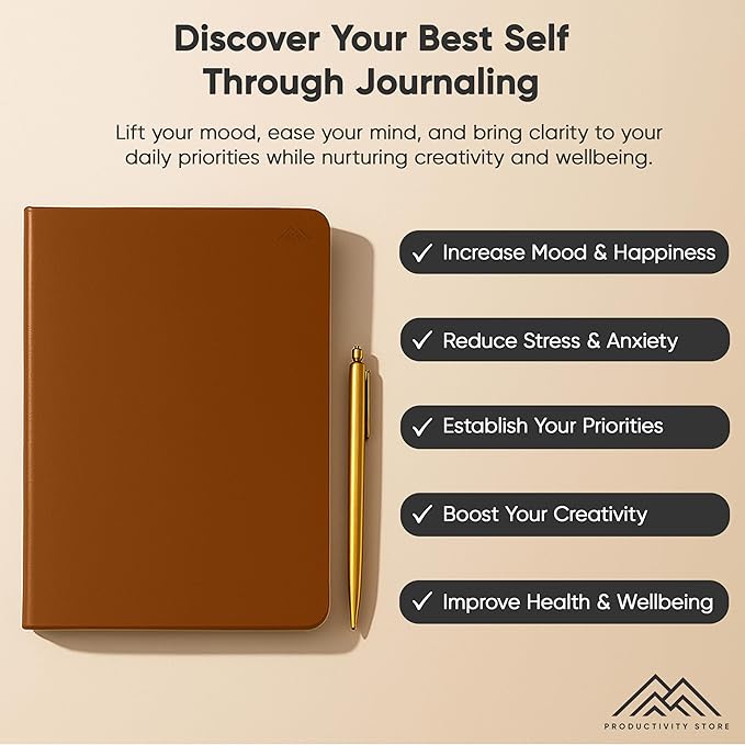 Journal For Men & Women - Gratitude Journal & Self Care Journal With Prompts - A5 Journaling Notebook - Brown - Productivity Store