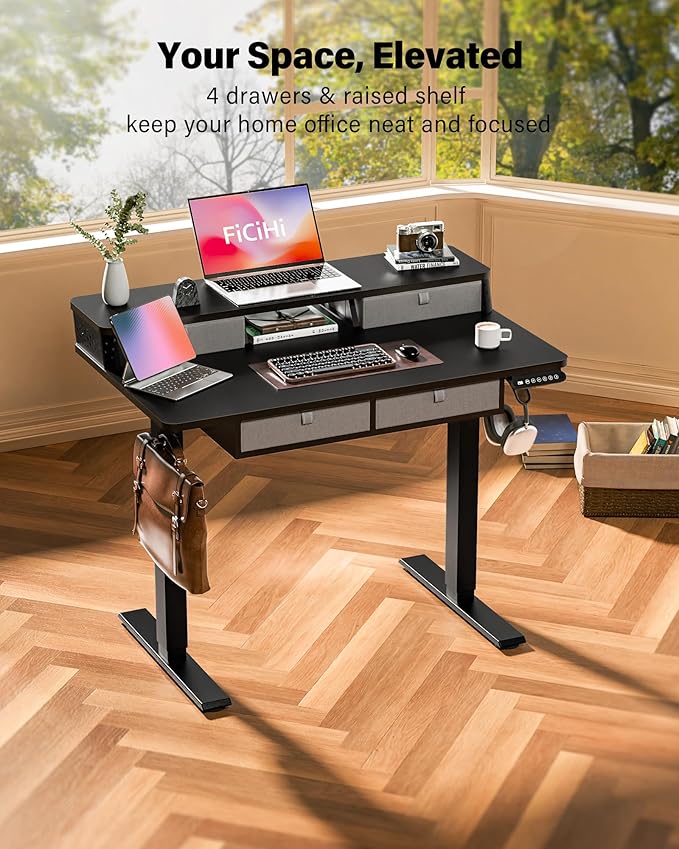 FiCiHi Electric Standing Desk with Four Drawers, Adjustable Height Sit Stand Desk, C-Clamp Compatible Home Office Desk with Storage Shelf & Monitor Stand Riser, 40 x 24 Inch, Classical Black