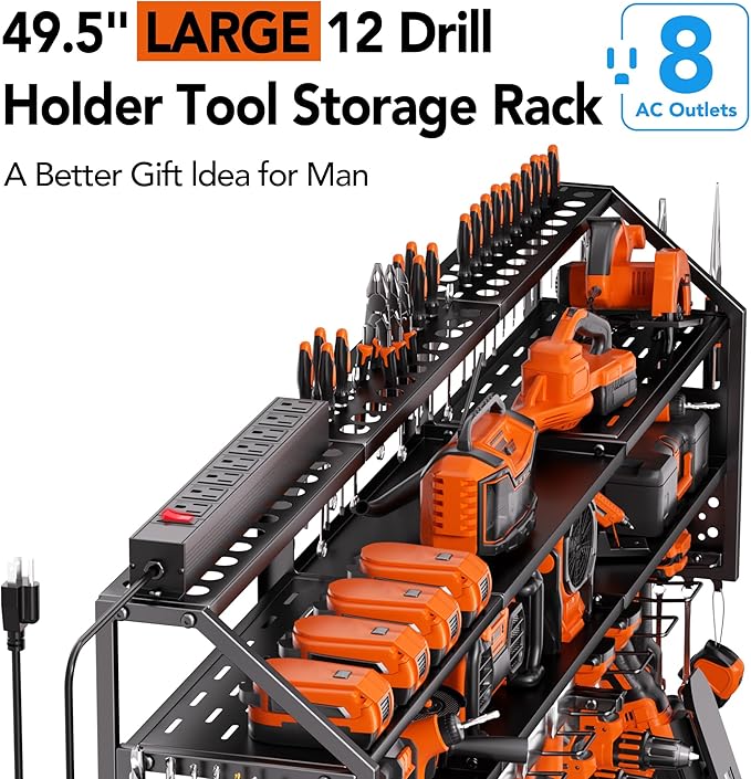 YFFSRJDJ Extra Large Power Tool Organizer Wall Mount with Charging Station, 12 Drill Holders Heavy Duty with 8-Outlet Power Strip, Garage Cordless Drill Storage and Organization, Battery Utility Rack