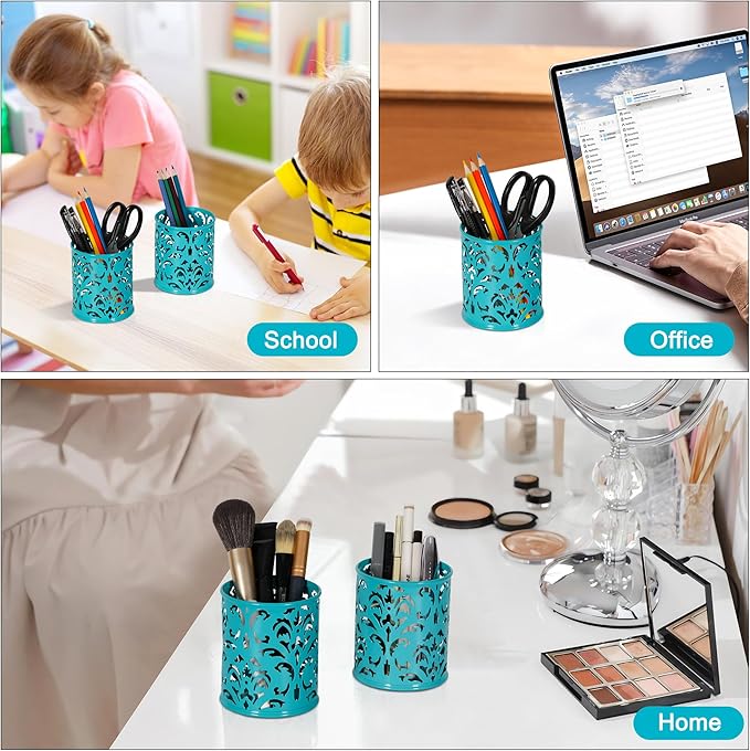 EasyPAG Teal Pen Holder for Desk, 2 Pack Round Pen Organizer, Brush Holder for Vanity, Metal Pencil Cup Organizer for Home, Office, Classroom, School