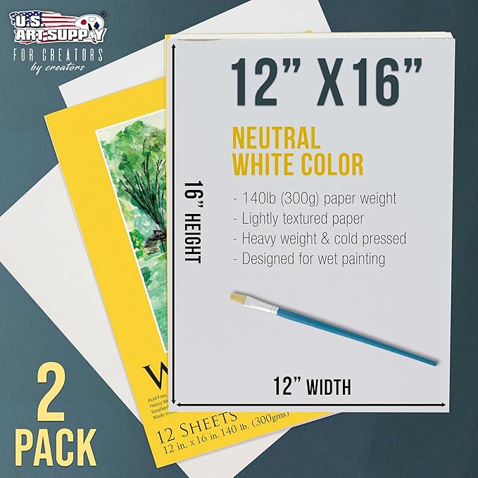 U.S. Art Supply 12" x 16" Premium Heavyweight Watercolor Paper Pad, Pack of 2 (12 Sheets Each), 140lb (300gsm) - Cold Pressed, Acid-Free, Wet, Water Color Paper - for Artists, Students