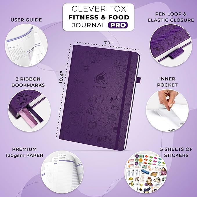Clever Fox Fitness & Food Journal PRO – Daily Workout & Meal Planner for Women & Men – Exercise & Weight Loss Diary Notebook, 7.3x10.4” (Purple)