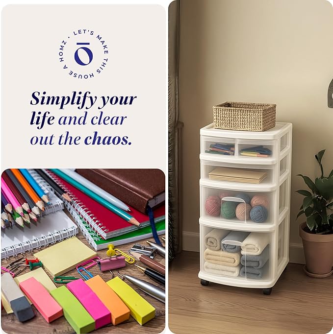 HOMZ 2-Pack Drawer Tower, 4-Tier Clear Plastic Storage Organizer Cart, White Frame - Organizing Containers with Wheels for Home, Bathroom, Bedroom, Office, and Classroom
