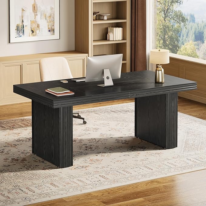 Tribesigns 63" Executive Desk, Large Office Computer Desk with Heavy-Duty Legs and Thickened Desktop, Elegant Writing Workstation Study Table Conference Table for Office, Black