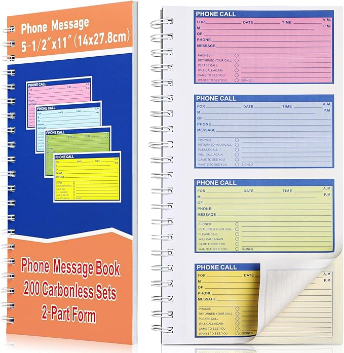 Fullhawl 1 Pcs Spiral Bound Phone Message Book 5-1/2" x 11" 2 Part Colorful Carbonless Phone Message Pads 4 Messages Per Page Carbon Copy Notebook Spiral Phone Call Log Book for Business Office