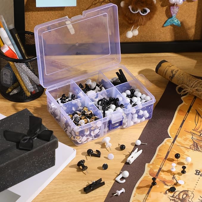 600 Pcs Decorative Push Pins, Black White Thumb Tacks 6 Types Cute Push Pin Clips for Bulletin Board Wall Cork Board Colorful Classroom Decor Teacher Must Haves Supplies School Crafts Project