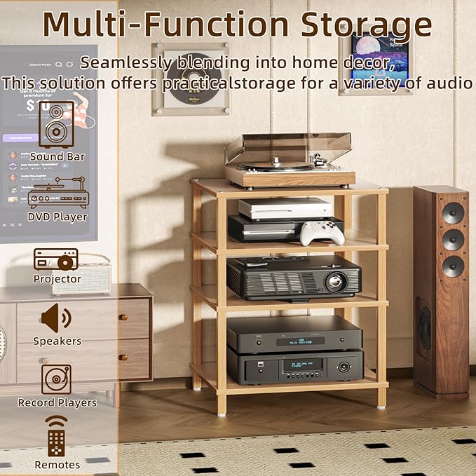 4-Tier AV Media Player Stand, Natural Stereo Cabinet, Modern Audio Shelf, Wooden TV Stand,Game Console Shelf, Multifunctional Entertainment Center, Suitable for Home, Conference Room, Game Studio