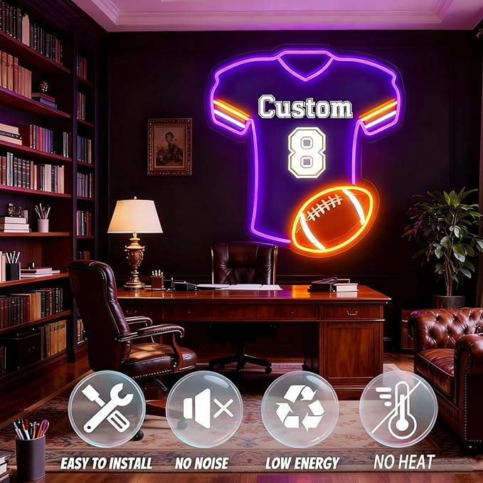 Custom Football Jersey Neon Signs for Wall Decor,Personalized Team Number Name Sport LED Light Up Sign for Football Lovers Birthday Gifts LED Signs for Party Bar Man Cave Fan Club