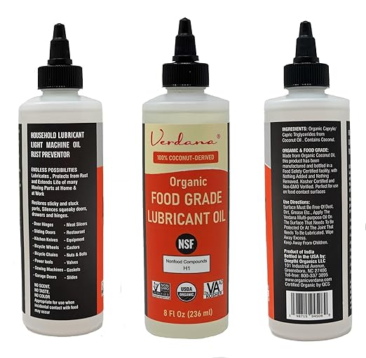 Verdana Food Grade Lubricant Oil – Organic, Kosher, NSF H1, Non-GMO – Petroleum-Free Light Machine Oil for Meat Slicers, Grinders, and Food Contact Equipment – Rust & Corrosion Inhibitor – 8 Fl Oz