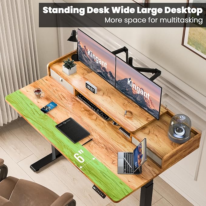 Kingant 55 x 30 Inch Electric Standing Desk with Dual Drawers, Adjustable Height Computer Desk for Home Office, Large Workstation Sit Stand Up Desk with Built-in Storage Shelf, Light Rustic Brown