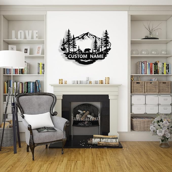 Custom Bear Metal Sign, Custom Bear Metal Wall Art Decor, Personalized Last Name Signs for Home, Rustic Farmhouse Black Wall Decor for Cabin, Bedroom, Living Room, Porch