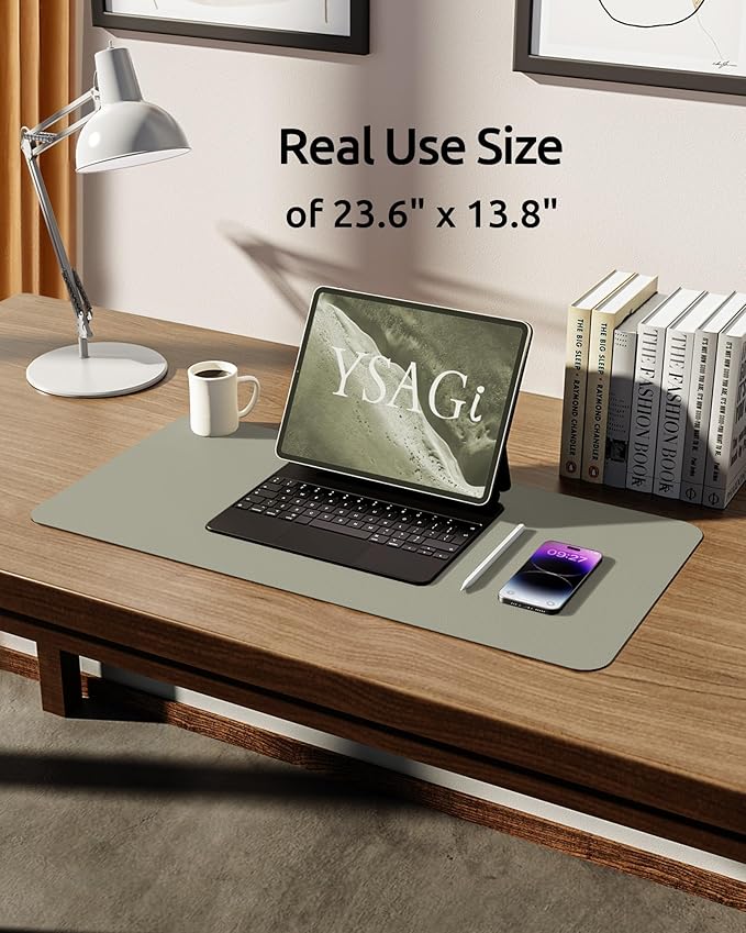 YSAGi Leather Desk Pad Protector, Office Desk Mat, Large Mouse Pad, Non-Slip PU Leather Desk Blotter, Laptop Desk Pad, Waterproof Desk Writing Pad for Office and Home (Olive Beige, 23.6" x 13.8")