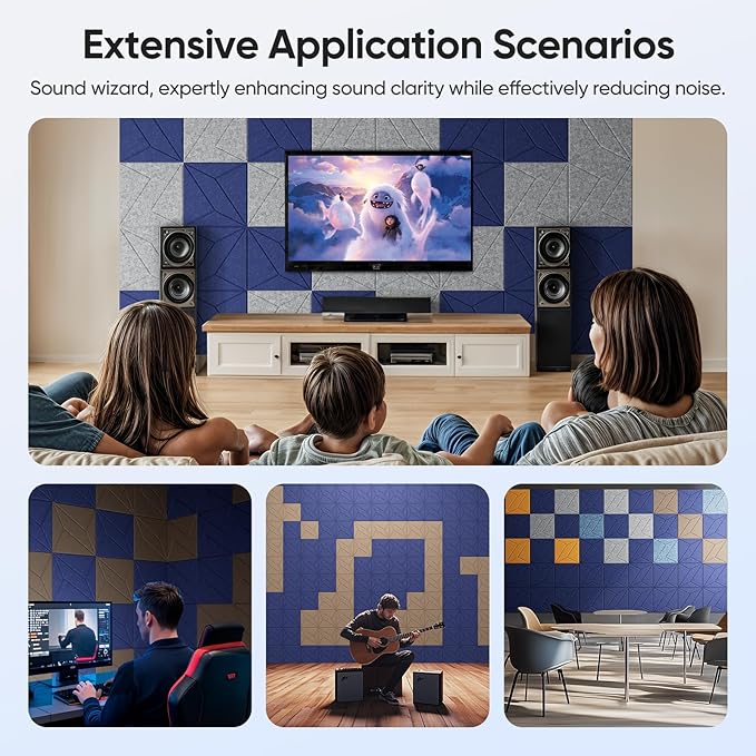 UNECHO 12 Pack 12" X 12" X 0.4" Acoustic Panels for Wall Sound Absorbing, P-Stripes Square Self-Adhesive Sound Panels, High Density Suitable for Multiple Scenarios(Sapphire Blue)