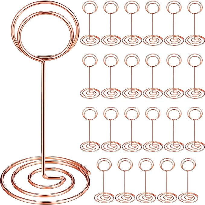 TecUnite 24 Pieces 3.35 Inch Table Number Holder Place Card Photo Holder Picture Name Menu Clips Memo Cards Stand for Wedding Reception Anniversary Birthday Party Centerpieces (Rose Gold)