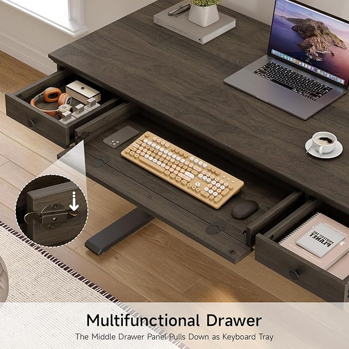 ONBRILL Standing Desk with Drawers, 55 x 23 Inch Electric Height Adjustable Desk with Storage & Outlets, for Computer Workstation, Home Office, Retro Curved Table Corner Design, Dark Walnut