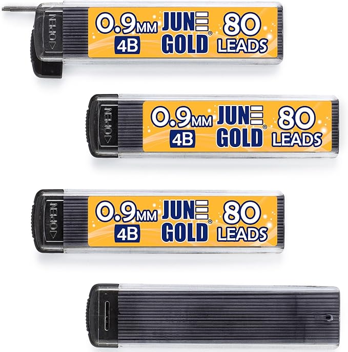June Gold 320 Pieces, 0.9 mm 4B Lead Refills, 80 Pieces Per Dispenser, Bold Thickness, Break Resistant Lead/Graphite, 1.0 mm Compatible (Pack of 4 Dispensers)