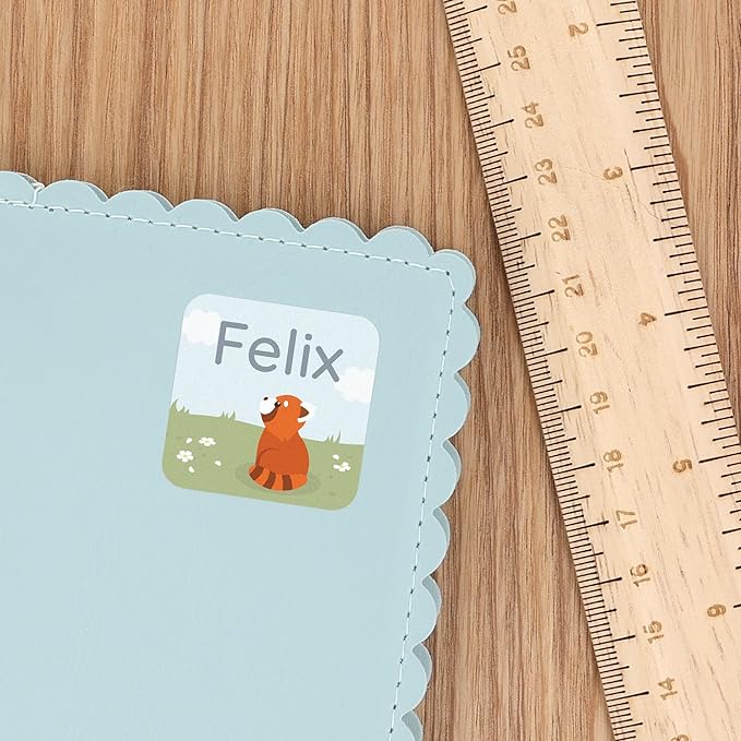 Large Name Labels for Kids (33) - Custom Stickers for Daycare and School Supplies - Durable, Waterproof Stickers for Water Bottles, Lunch Boxes, and More with Unique Designs - Red Panda