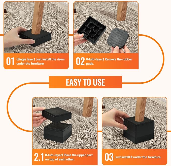 Furniture Risers, 8 Pack Bed Risers with Non-Slip Grip and Heavy Duty Support, 1 Inch 2 Inch 3 Inch 4 Inch Height Lift for Couch, Sofa, Table, Desk, Chair, Refrigerator - Black, 1 Inch