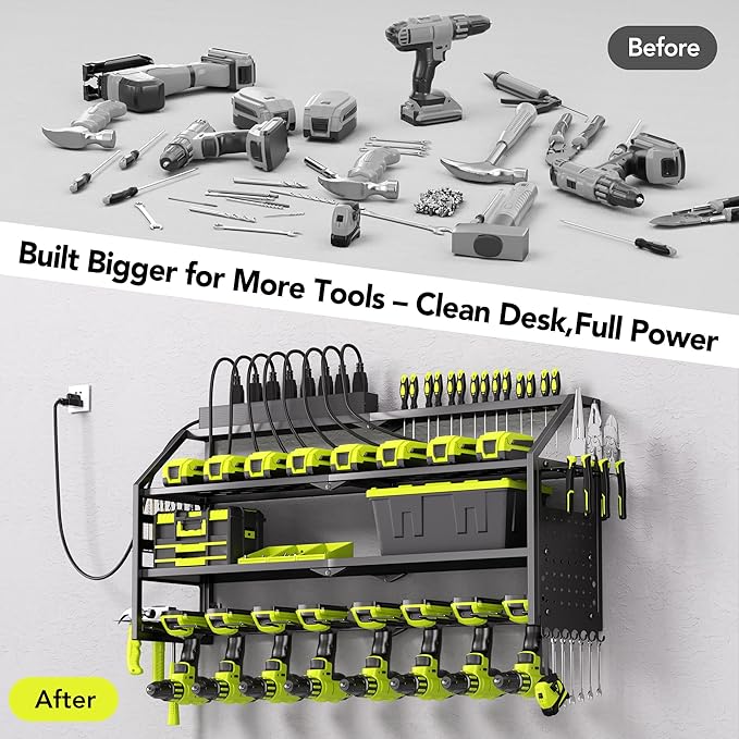 YFFSRJDJ Power Tool Organizer Wall Mount with Charging Station, 8 Drill Holder with 8-Outlet Power Strip, Garage Cordless Drill Storage and Organization, Battery Utility Rack