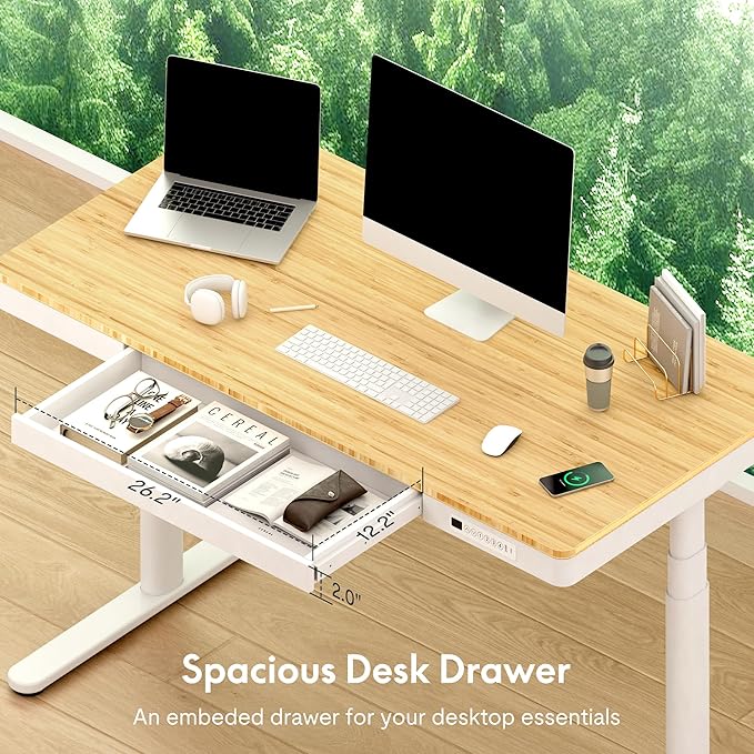 FLEXISPOT Q8 55" Bamboo Standing Desk, Dual Motor 3 Stages Adjustable Height Electric Computer Workstation w/Wireless Charging, Drawer, Quick Install, 220lbs Capacity (Bamboo Tabletop + White Frame)