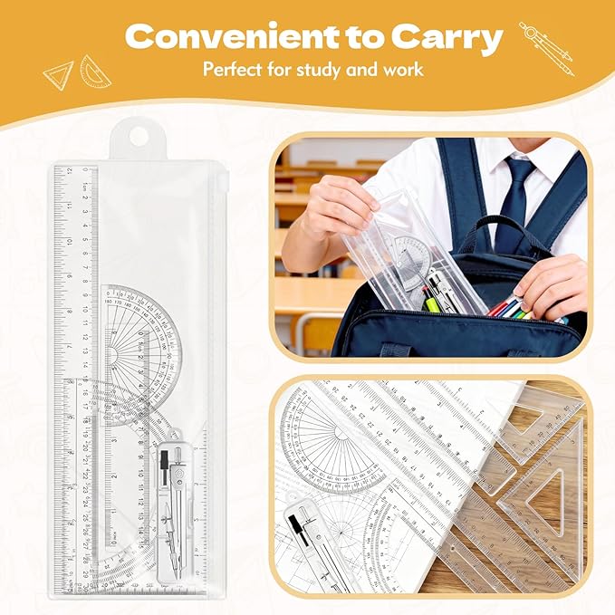 Geometry Set - 7Pcs Geometry Kit with Clear Plastic Ruler 12Inch & 6Inch, Triangle Ruler, Protractor and Compass Set for School Office Math Drawing Drafting Engineering Architecture Art