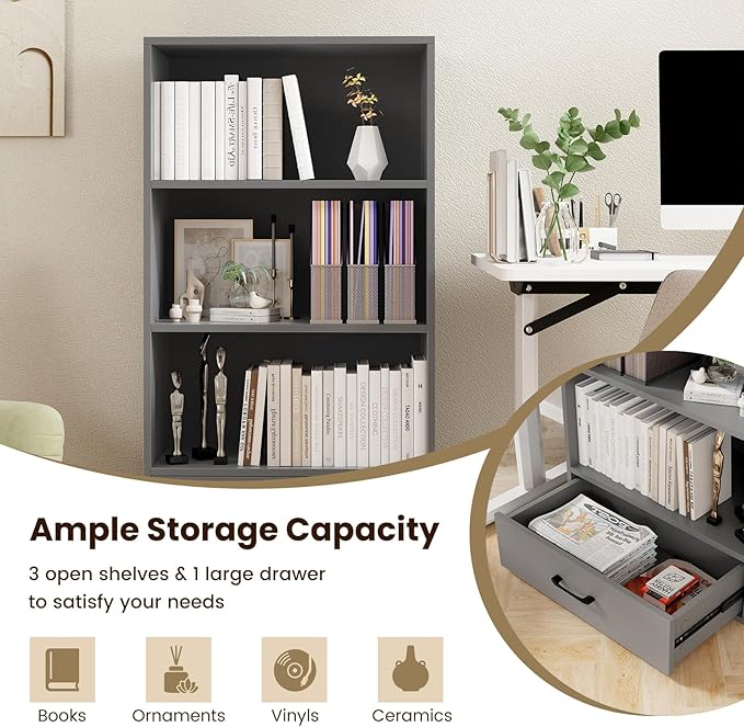 LOKO 4-Tier Bookcase with Storage Drawer, Modern Organizer Display Storage Shelves with Anti-toppling Device, Freestanding Bookshelf with 3 Open Shelves & 1 Drawer, Living Room, Study, Office (Grey)