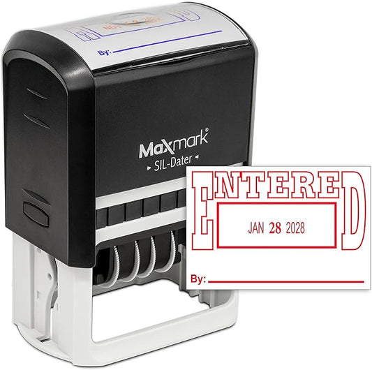 MaxMark Large Self-Inking Rubber Date Office Stamp with Entered Phrase & Date - Red Ink, 12-Year Band - Style 5