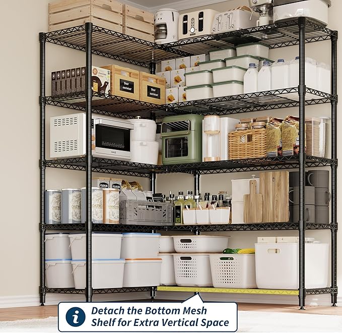 MilleLoom 5-Tier Storage Shelves, 60"W Metal Shelving Unit Heavy Duty Adjustable Garage Corner Wire Rack, H-Shaped/L-shaped Shelf for Kitchens, Pantry Rooms, Basement Storage,13.8"D x 60"W x 70.5"H