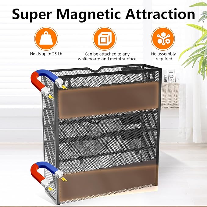 KZWKRG 6 Tier Magnetic File Holder, Large Capacity Mesh Hanging Wall Organizer Vertical Magnetic Hanging File Organizer, Magnetic File Folder Holder for File Cabinets, Office, Whiteboard (Black)