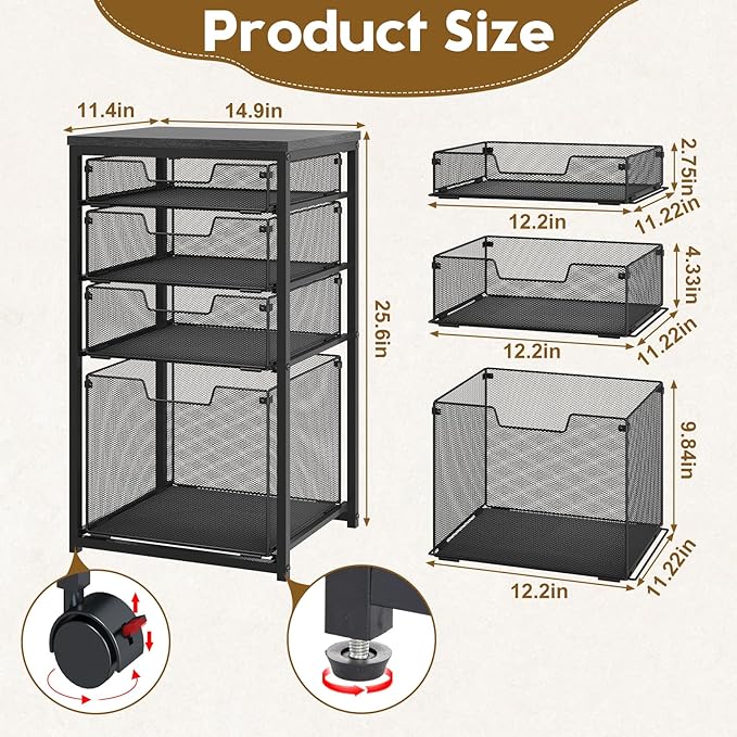 Sbanmao Rolling File Cart with 4 Storage Drawers, Filing Cabinet for Home Office, Hanging File Folder Organizer with Wheels Under Desk, Utility Craft Cart Printer Stand, Black, Patent Pending