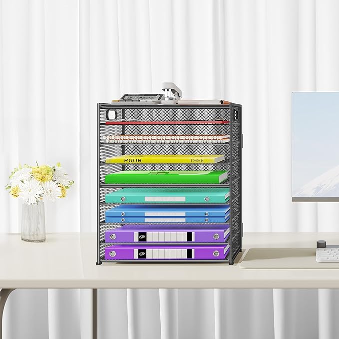 Cawukege 9 Tier Paper Organizer with Handle, Large Capacity Desk Organizer Mesh Paper Letter Tray File Folder Document Sorter for Classroom and Office Accessories Organization- Grey (2 Pack)
