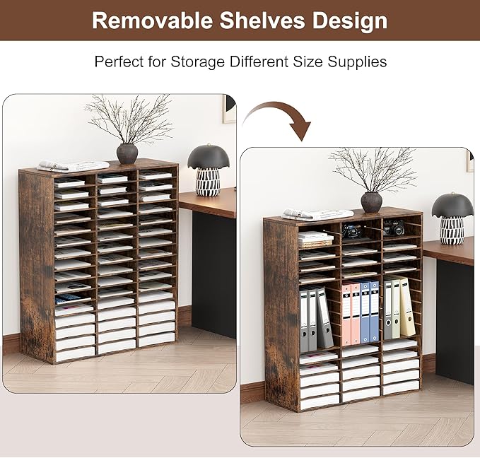 EasyPAG Wooden Literature Organizer with Adjustable Shelves, 48 Compartments Office Paper Organizer Storage 24000 Sheets Letter Size Paper, Student Mailbox for Classroom, Archaize