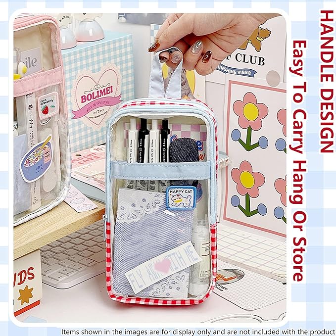 UINSUE Cute Pen case Adorable Bunny Transparent 3-Layer Large Capacity Pencil Case Gadget organizer with Lovely Stickers (Black Plaid)