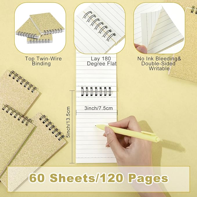 Tenceur 6 Pcs Pocket Notebook Small 3x5 Inch Spiral Notepads Mini Top Bound Notebook with Lined 120 Pages Ruled Memo Pads for Office College Nurse Essentials Back to School Gift (Glitter Gold)