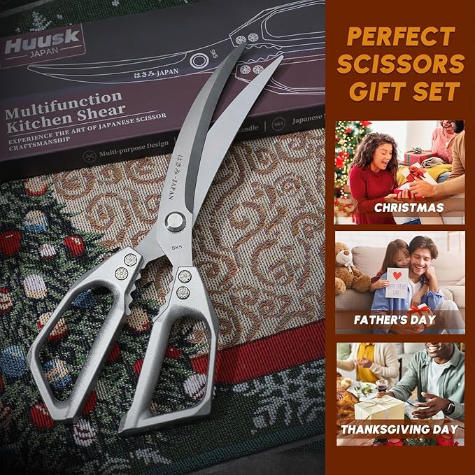 HUUSK Kitchen Scissors Silver - Stainless Steel Kitchen Shears for Food, Japanese Cooking Scissor, Sharp Meat Scissors Dishwasher Safe, Heavy Duty Poultry Shears for Chicken, Gifts for Women